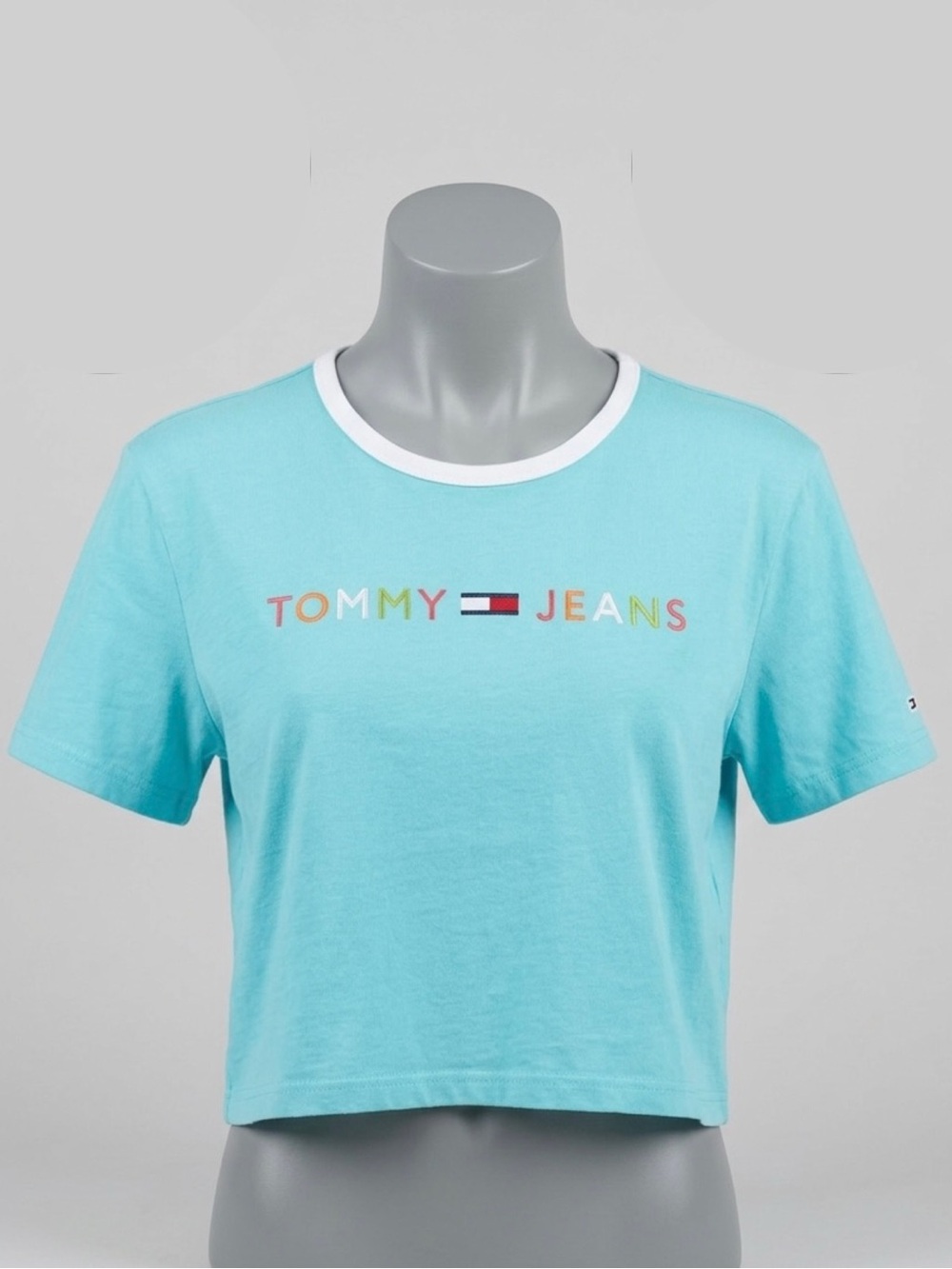 Tommy Hilfiger Cropped Ringer Tee in Aqua with White Trim